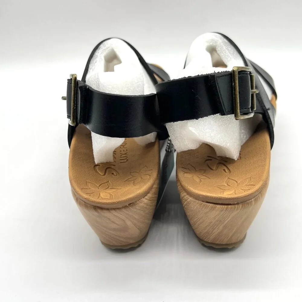 Skechers Womens Size 7.5‎ Black Vegan Leather Platform Sandals Shoes